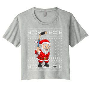 Xmas Sweater Style Ugly Santa Playing Ice Hockey Christmas Meaningful Gift Women's Crop Top Tee