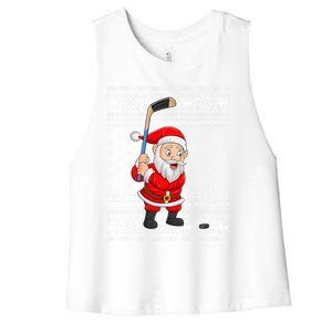 Xmas Sweater Style Ugly Santa Playing Ice Hockey Christmas Meaningful Gift Women's Racerback Cropped Tank