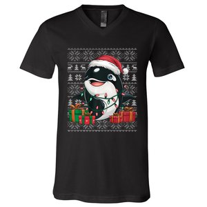 Xmas Sweater Style Ugly Santa Hat Orca Christmas V-Neck T-Shirt