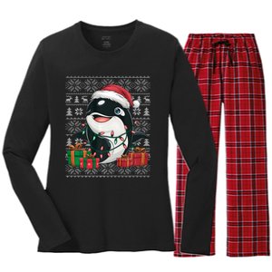 Xmas Sweater Style Ugly Santa Hat Orca Christmas Women's Long Sleeve Flannel Pajama Set 