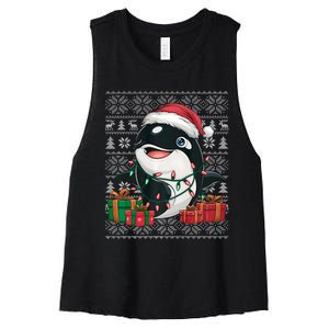 Xmas Sweater Style Ugly Santa Hat Orca Christmas Women's Racerback Cropped Tank