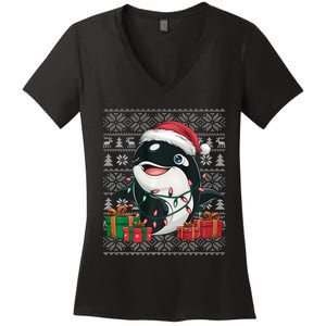 Xmas Sweater Style Ugly Santa Hat Orca Christmas Women's V-Neck T-Shirt