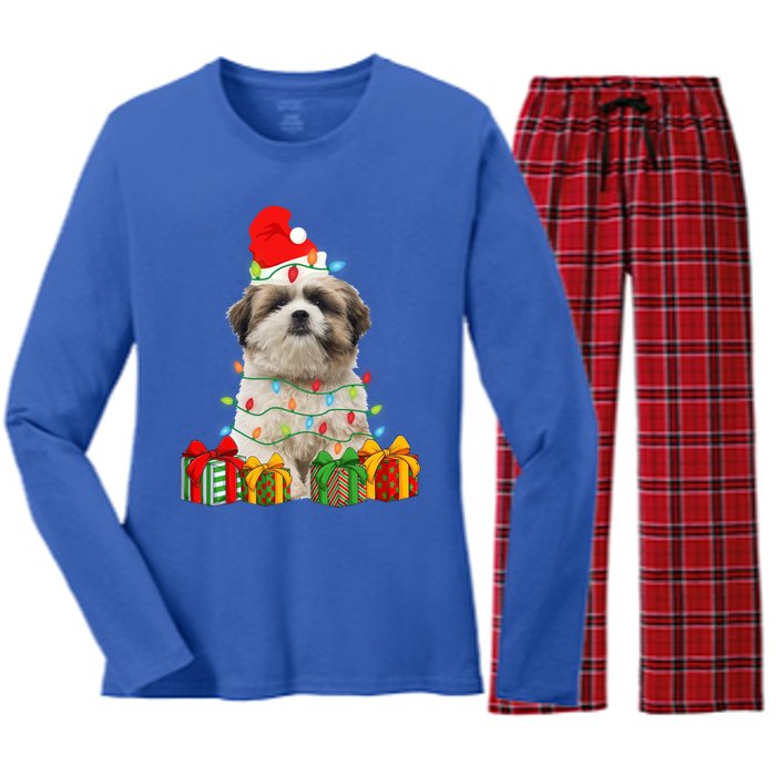 Xmas Shih Tzu Dog Christmas Lights Puppy Lover Meaningful Gift Women's Long Sleeve Flannel Pajama Set 