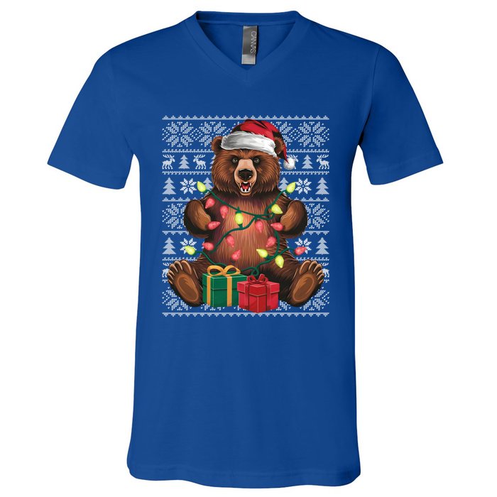 Xmas Style Ugly Santa Hat Grizzly Bear Christmas Gift V-Neck T-Shirt