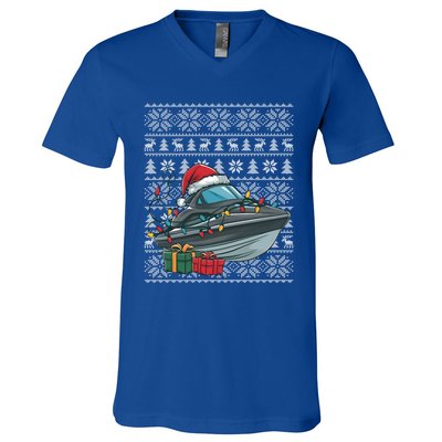 Xmas Style Ugly Santa Hat Jet Boat Christmas Gift V-Neck T-Shirt