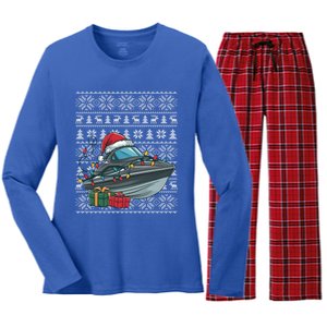 Xmas Style Ugly Santa Hat Jet Boat Christmas Gift Women's Long Sleeve Flannel Pajama Set 