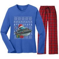 Xmas Style Ugly Santa Hat Jet Boat Christmas Gift Women's Long Sleeve Flannel Pajama Set 