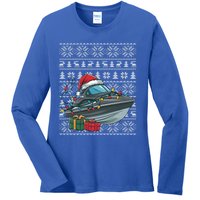 Xmas Style Ugly Santa Hat Jet Boat Christmas Gift Ladies Long Sleeve Shirt