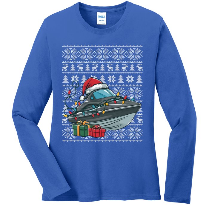 Xmas Style Ugly Santa Hat Jet Boat Christmas Gift Ladies Long Sleeve Shirt