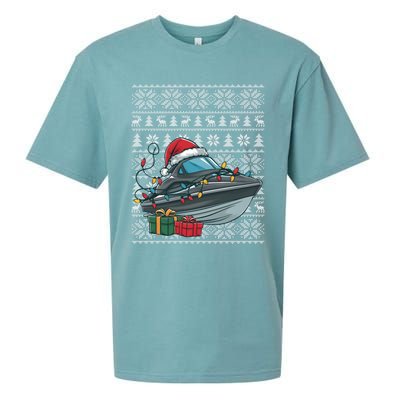 Xmas Style Ugly Santa Hat Jet Boat Christmas Gift Sueded Cloud Jersey T-Shirt