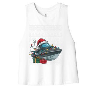 Xmas Style Ugly Santa Hat Jet Boat Christmas Gift Women's Racerback Cropped Tank