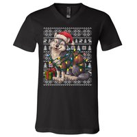 Xmas Style Ugly Santa Hat Wolf Christmas Cute Gift V-Neck T-Shirt