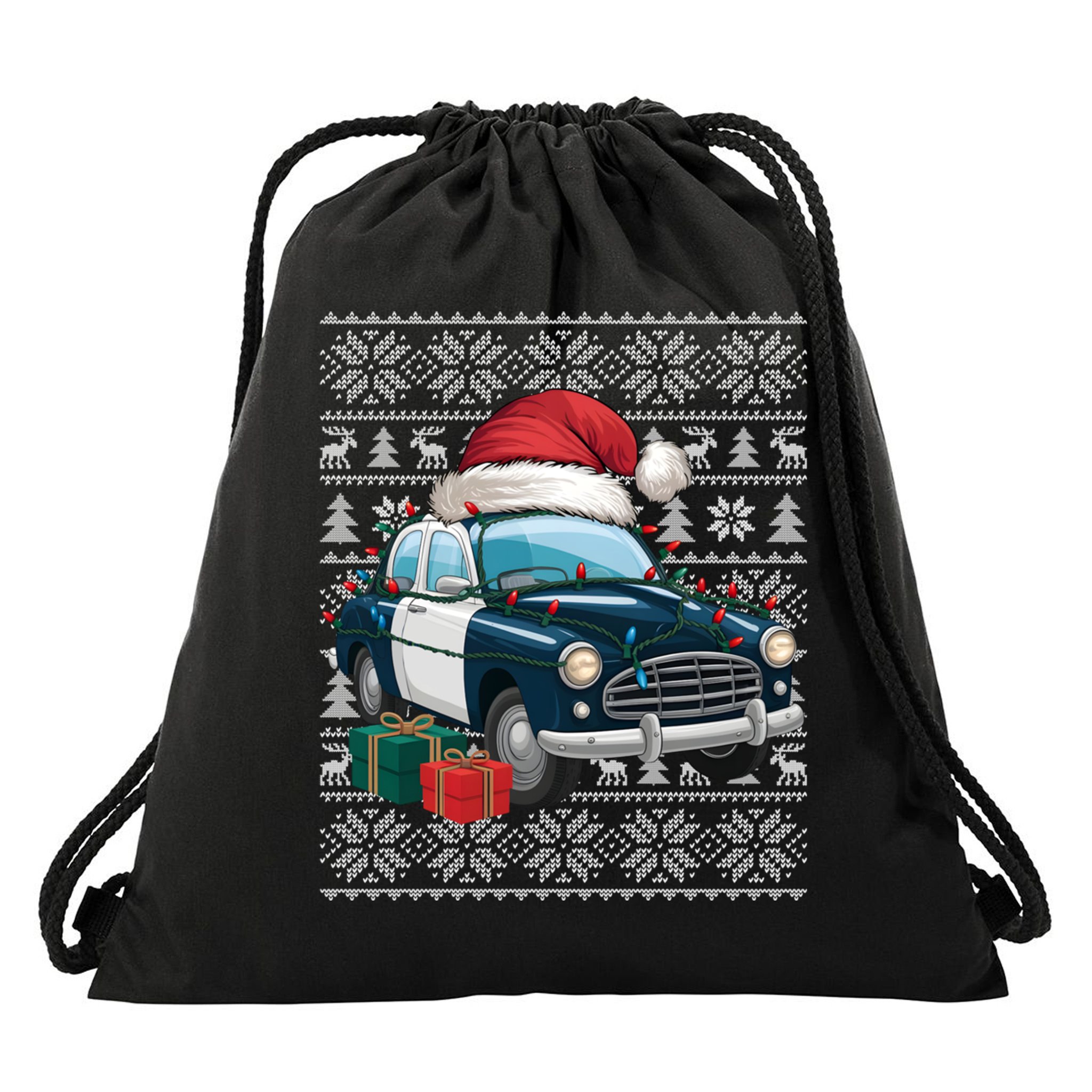 Xmas Style Ugly Santa Hat Police Car Christmas Gift Drawstring Bag