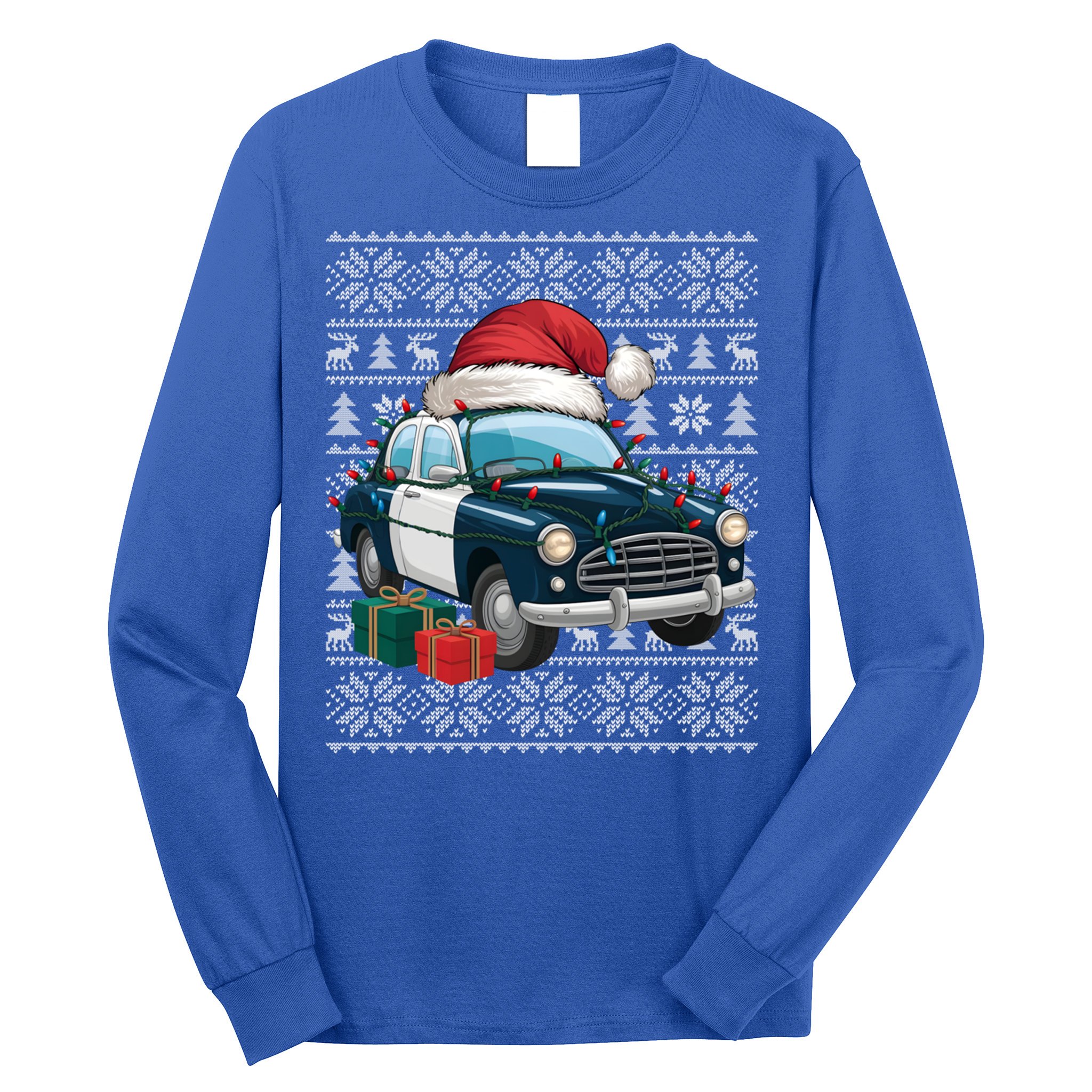 Xmas Style Ugly Santa Hat Police Car Christmas Gift Long Sleeve Shirt