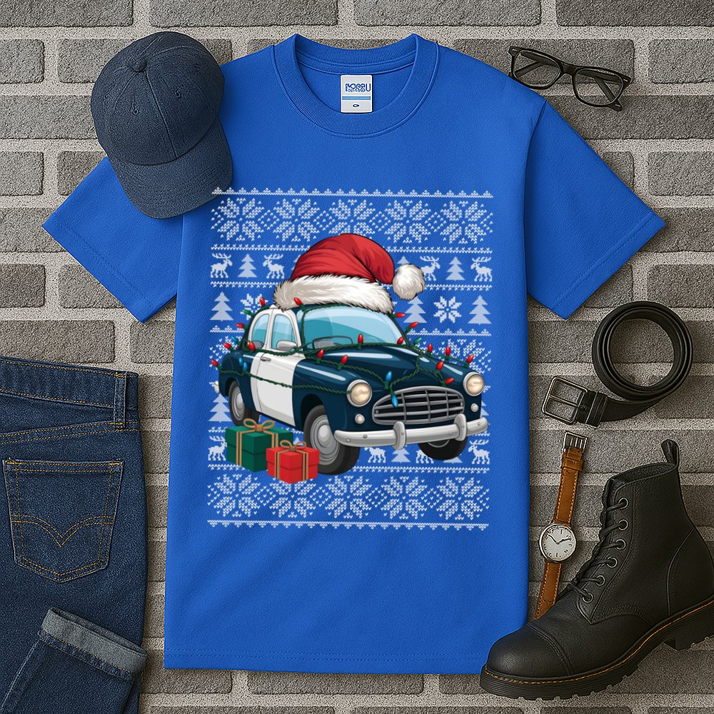 Xmas Style Ugly Santa Hat Police Car Christmas Gift Tall T-Shirt