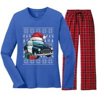 Xmas Style Ugly Santa Hat Police Car Christmas Gift Women's Long Sleeve Flannel Pajama Set 