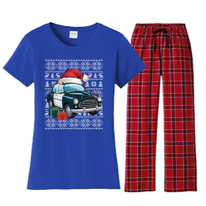 Xmas Style Ugly Santa Hat Police Car Christmas Gift Women's Flannel Pajama Set