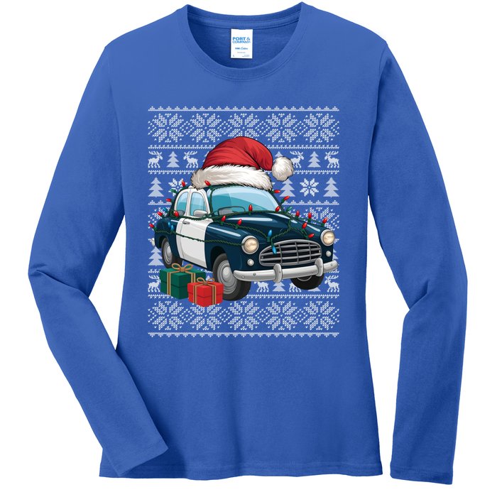 Xmas Style Ugly Santa Hat Police Car Christmas Gift Ladies Long Sleeve Shirt