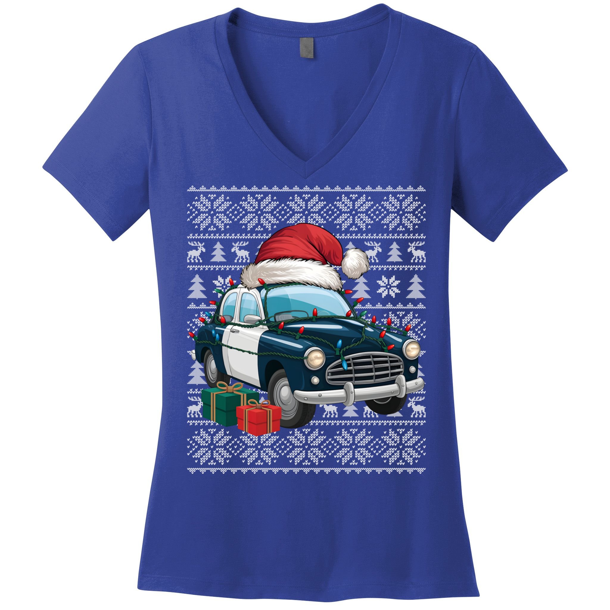 Xmas Style Ugly Santa Hat Police Car Christmas Gift Women's V-Neck T-Shirt