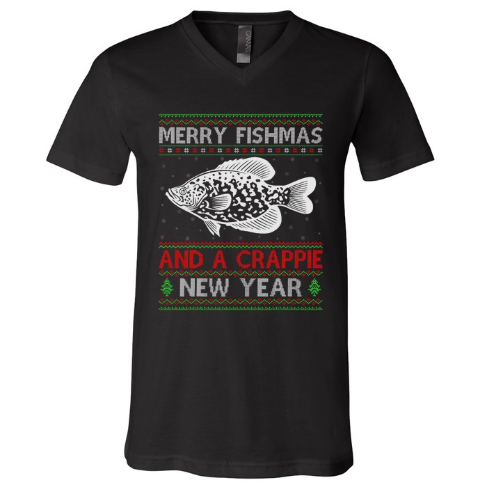 Xmas Santa Ugly Merry Fishmas Crappie Fish Christmas V-Neck T-Shirt