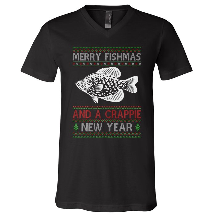 Xmas Santa Ugly Merry Fishmas Crappie Fish Christmas V-Neck T-Shirt