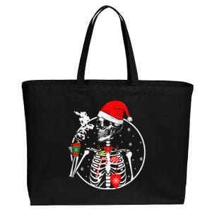 Xmas Skeleton With Smiling Skull Drinking Coffee Tree Lights Cotton Canvas Jumbo Tote