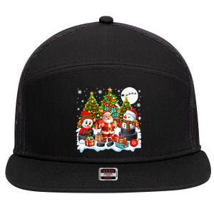 Xmas Santa With Snow Playing Hockey Player Lover Gift 7 Panel Mesh Trucker Snapback Hat