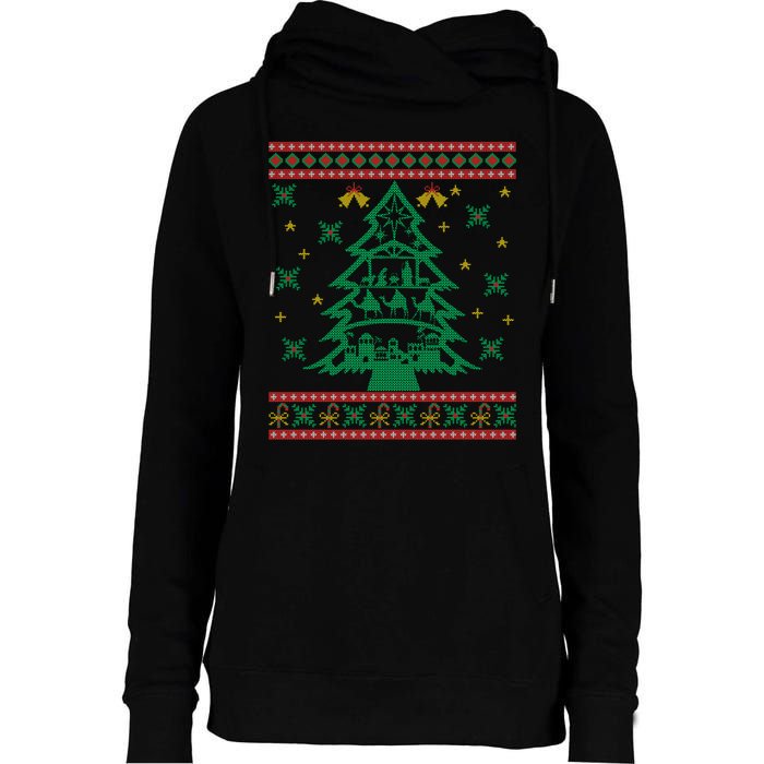 Xmas Tree Christmas Nativity Scene Christian Ugly Christmas Womens Funnel Neck Pullover Hood