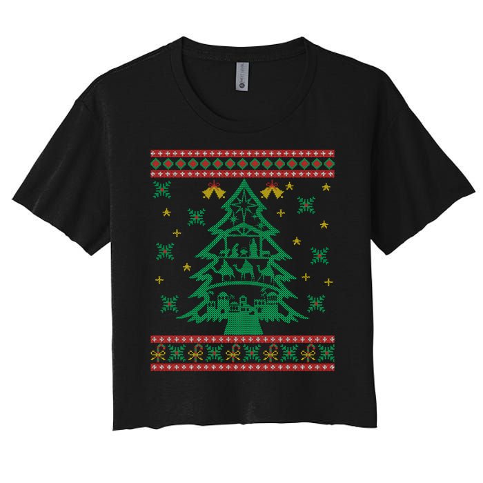 Xmas Tree Christmas Nativity Scene Christian Ugly Christmas Women's Crop Top Tee