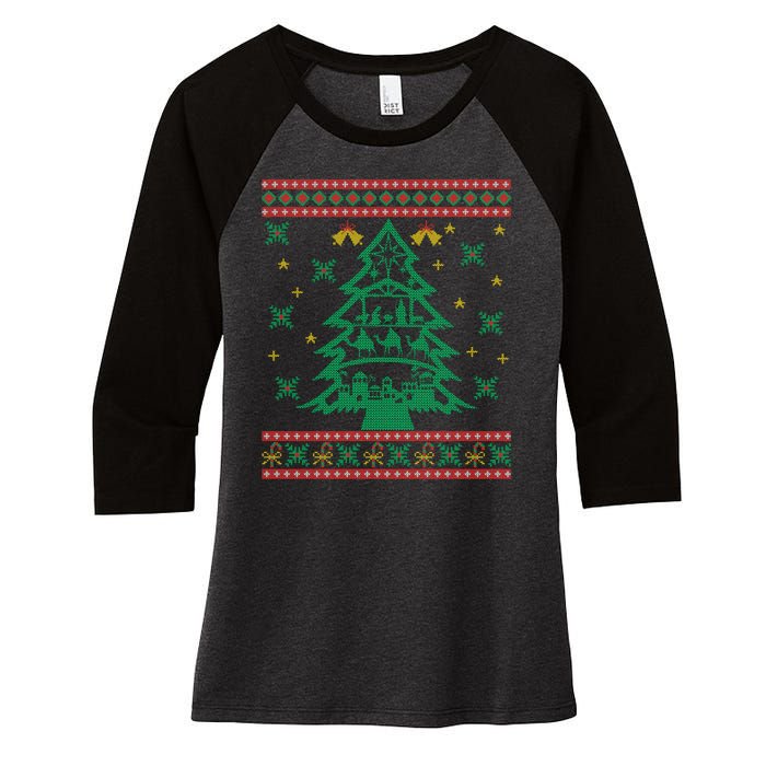 Xmas Tree Christmas Nativity Scene Christian Ugly Christmas Women's Tri-Blend 3/4-Sleeve Raglan Shirt