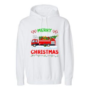 Xmas Tree Decoration Firefighter Fire Truck Christmas Funny Gift Garment-Dyed Fleece Hoodie