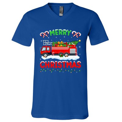 Xmas Tree Decoration Firefighter Fire Truck Christmas Gift V-Neck T-Shirt