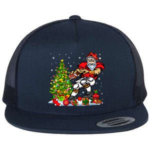 Xmas Tree Light Presents Santa Playing Football Player Lover Funny Gift Flat Bill Trucker Hat