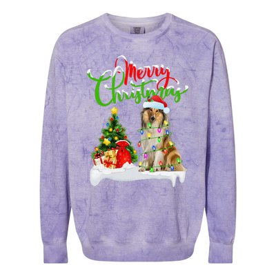 Xmas Tree Lights Santa Hat Rough Collie Dog Christmas Colorblast Crewneck Sweatshirt