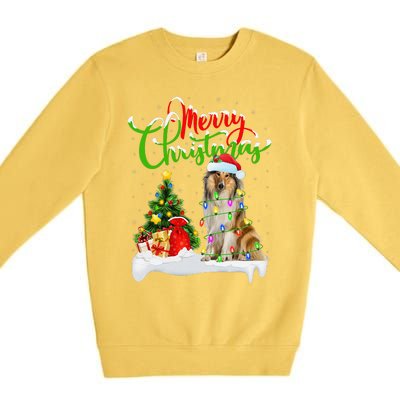 Xmas Tree Lights Santa Hat Rough Collie Dog Christmas Premium Crewneck Sweatshirt