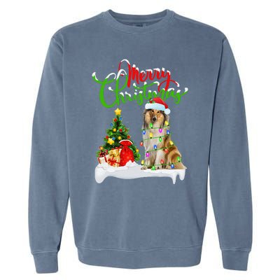 Xmas Tree Lights Santa Hat Rough Collie Dog Christmas Garment-Dyed Sweatshirt