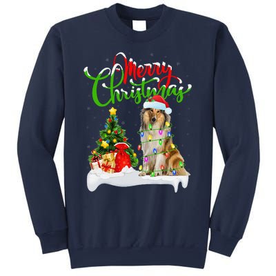 Xmas Tree Lights Santa Hat Rough Collie Dog Christmas Sweatshirt