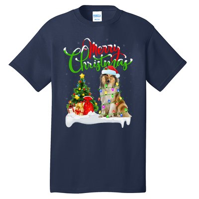 Xmas Tree Lights Santa Hat Rough Collie Dog Christmas Tall T-Shirt