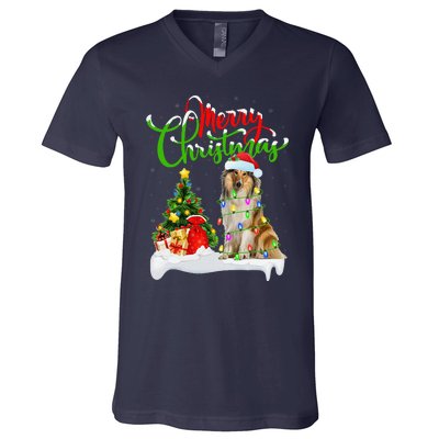 Xmas Tree Lights Santa Hat Rough Collie Dog Christmas V-Neck T-Shirt