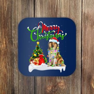 Xmas Tree Lights Santa Hat Rough Collie Dog Christmas Coaster