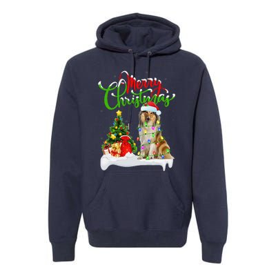 Xmas Tree Lights Santa Hat Rough Collie Dog Christmas Premium Hoodie