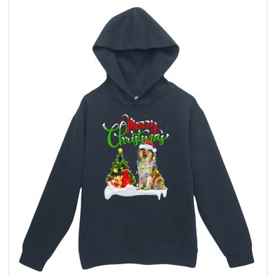 Xmas Tree Lights Santa Hat Rough Collie Dog Christmas Urban Pullover Hoodie