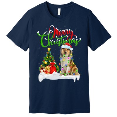 Xmas Tree Lights Santa Hat Rough Collie Dog Christmas Premium T-Shirt