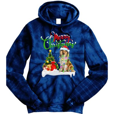 Xmas Tree Lights Santa Hat Rough Collie Dog Christmas Tie Dye Hoodie