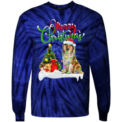 Xmas Tree Lights Santa Hat Rough Collie Dog Christmas Tie-Dye Long Sleeve Shirt