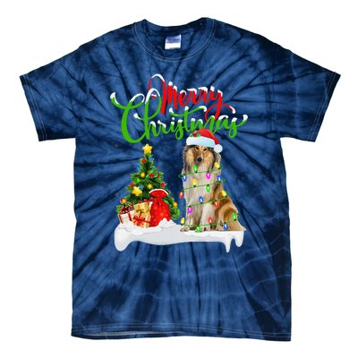 Xmas Tree Lights Santa Hat Rough Collie Dog Christmas Tie-Dye T-Shirt