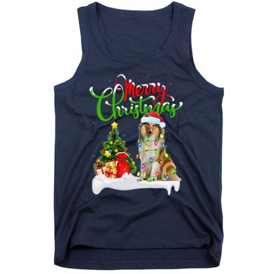 Xmas Tree Lights Santa Hat Rough Collie Dog Christmas Tank Top