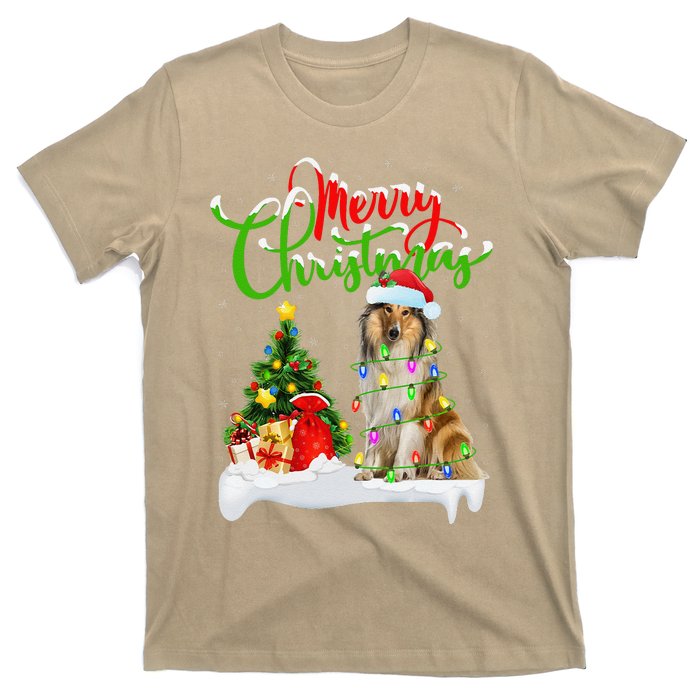 Xmas Tree Lights Santa Hat Rough Collie Dog Christmas T-Shirt