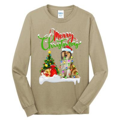 Xmas Tree Lights Santa Hat Rough Collie Dog Christmas Tall Long Sleeve T-Shirt