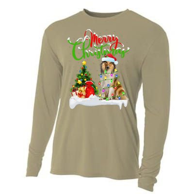 Xmas Tree Lights Santa Hat Rough Collie Dog Christmas Cooling Performance Long Sleeve Crew